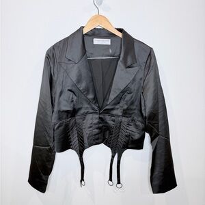 Naked Wardrobe The Statement Black Satin Cropped Corset Blazer Garter Straps